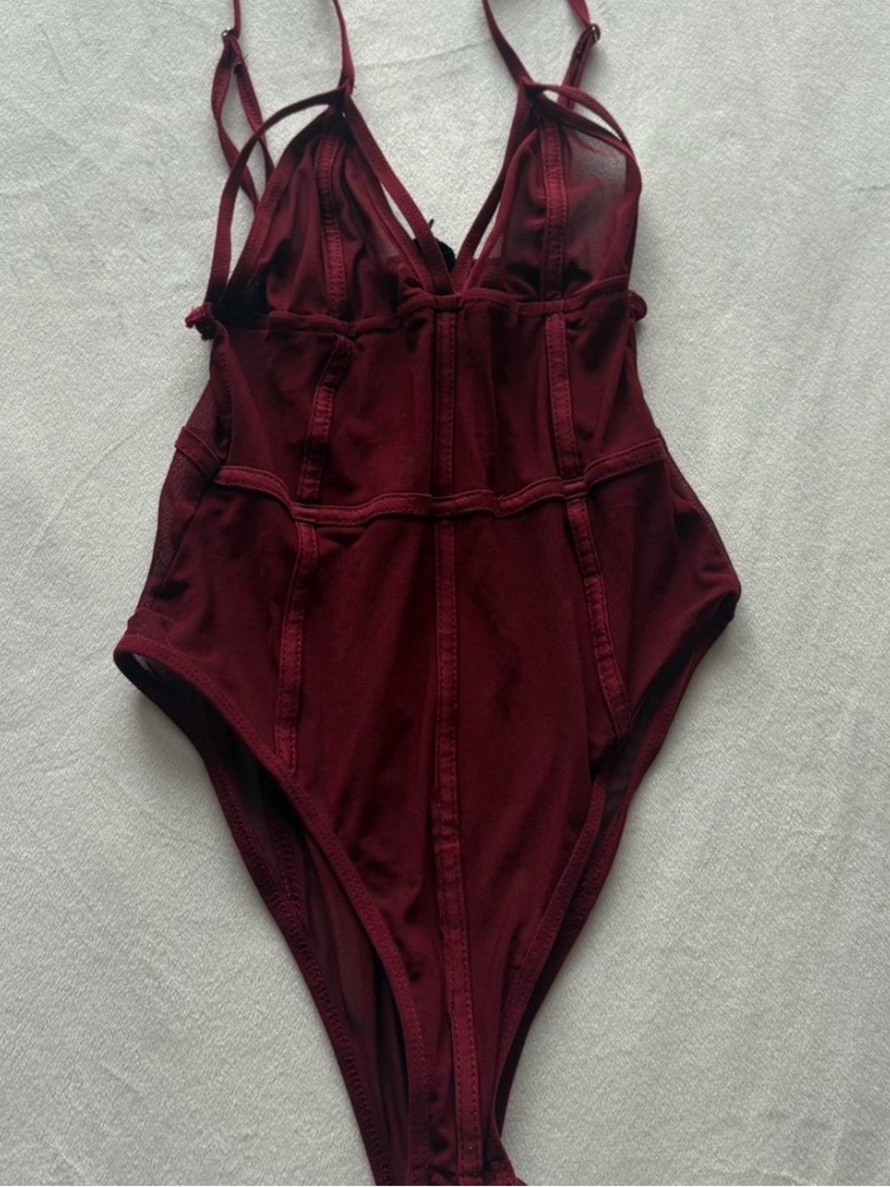 love J Wine Red Strappy Seam-Detail Mesh Bodysuit Woman’s Small